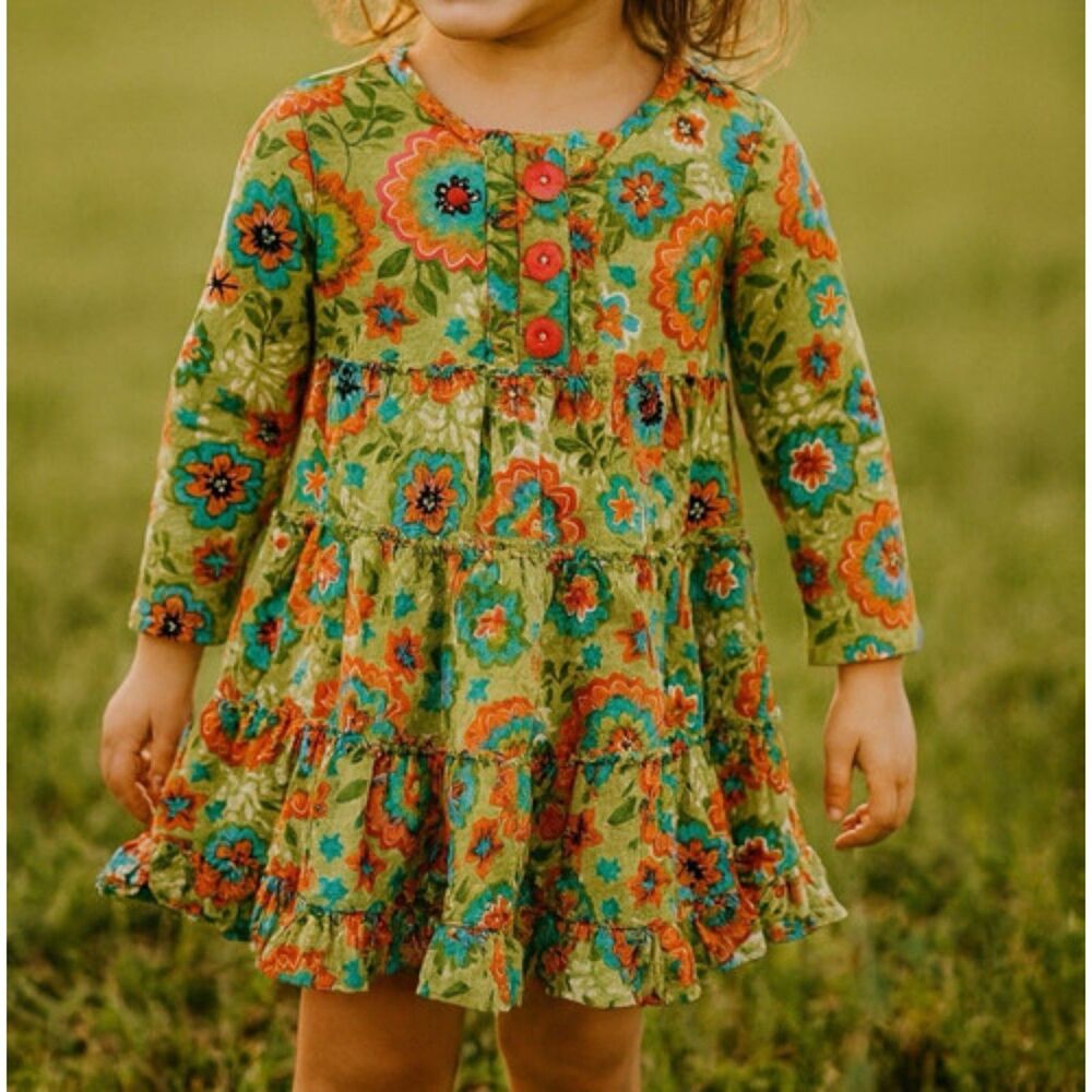 Sweetdil Girls dress Size 3T Green Floral Corduroy Buttons Ties In Back Retro